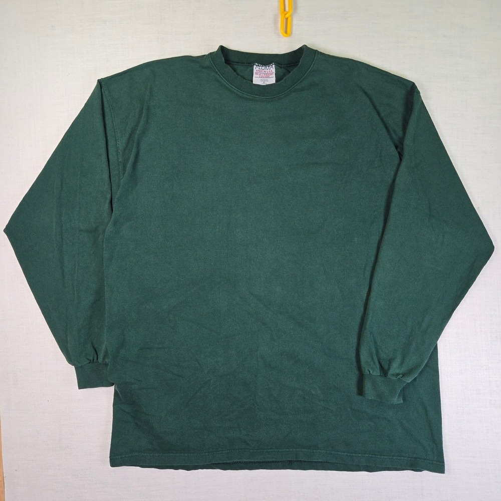 Vintage Pluma Green Blank T-Shirt  Men XL Long Sleeve Heavyweight Cotton USA EUC